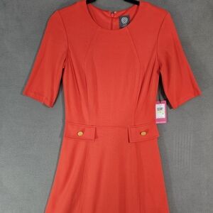 NWT Vince Camuto Womens 4 Midi Dress Pencil Red Half Sleeve Gold Buttons Scoop